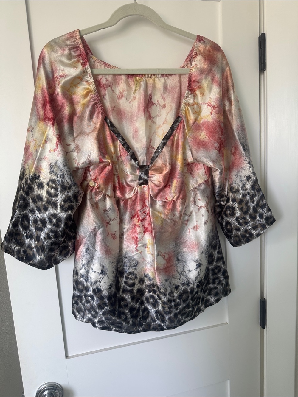 Chenault Satin Animal-Print Blouse in Pink, Cream & Black